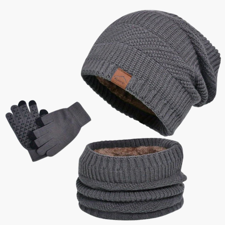 Men's Winter Beanie, Scarf & Gloves Set - Warm 3-Piece Bundle - Grey