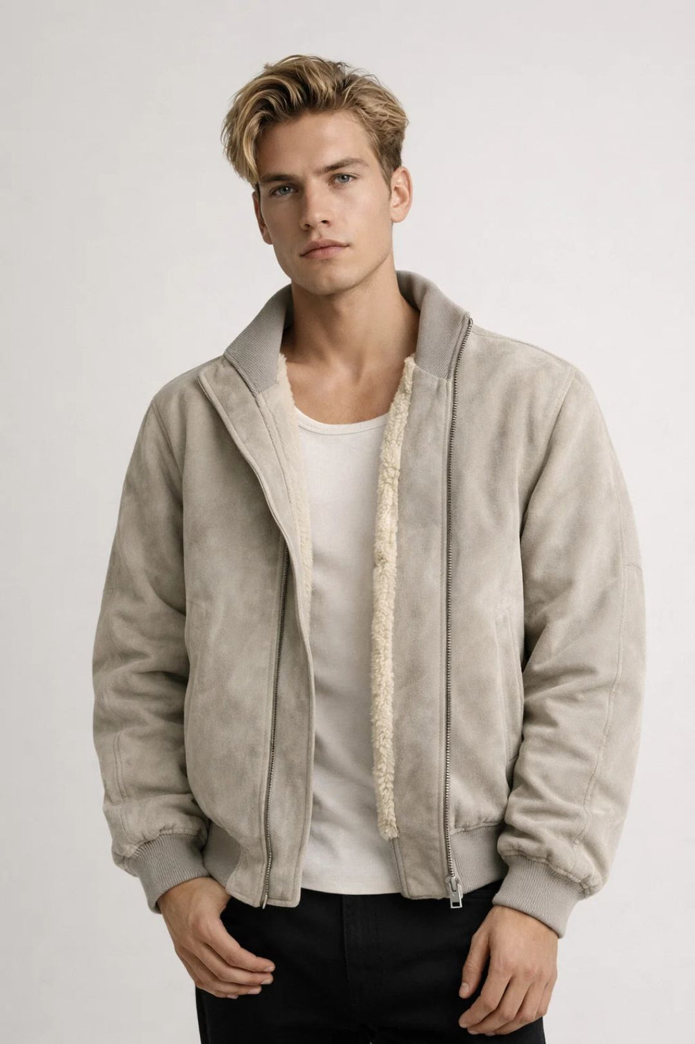 Men's Winter Jacket with Zip - Structured Short Cut - Beige