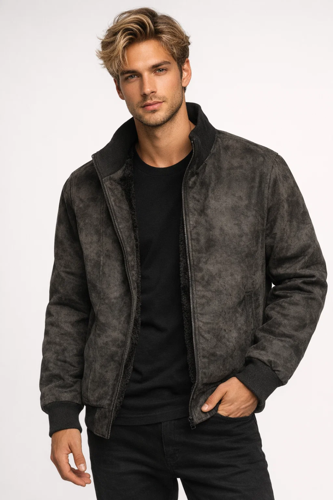 Men's Winter Jacket with Zip - Structured Short Cut - Black