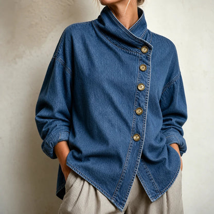 Women's Asymmetric Denim Jacket in blue, Angled Button Stand Collar