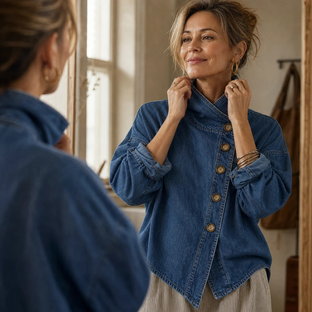 Women's Asymmetric Denim Jacket - Angled Button Stand Collar