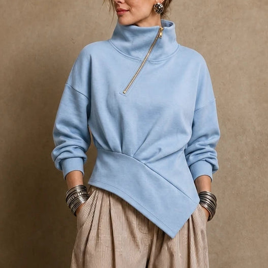 Women's Asymmetric Diagonal-Zip High-Neck Sweatshirt in blue, Relaxed Fit
