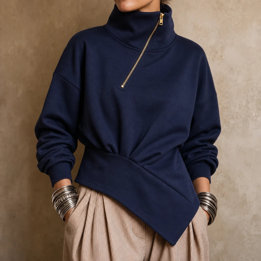 Women's Asymmetric Diagonal-Zip High-Neck Sweatshirt - Relaxed Fit