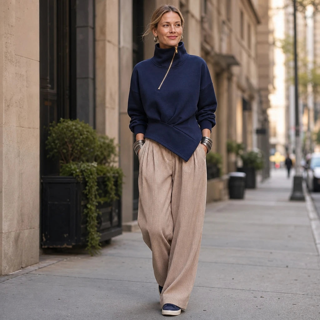Women's Asymmetric Diagonal-Zip High-Neck Sweatshirt - Relaxed Fit