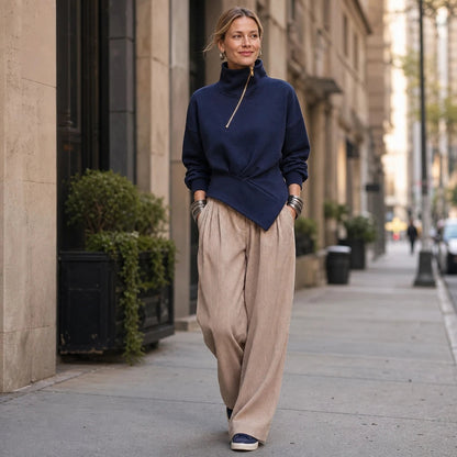 Women's Asymmetric Diagonal-Zip High-Neck Sweatshirt - Relaxed Fit