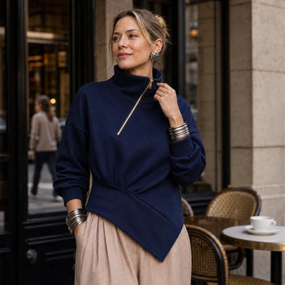 Women's Asymmetric Diagonal-Zip High-Neck Sweatshirt - Relaxed Fit