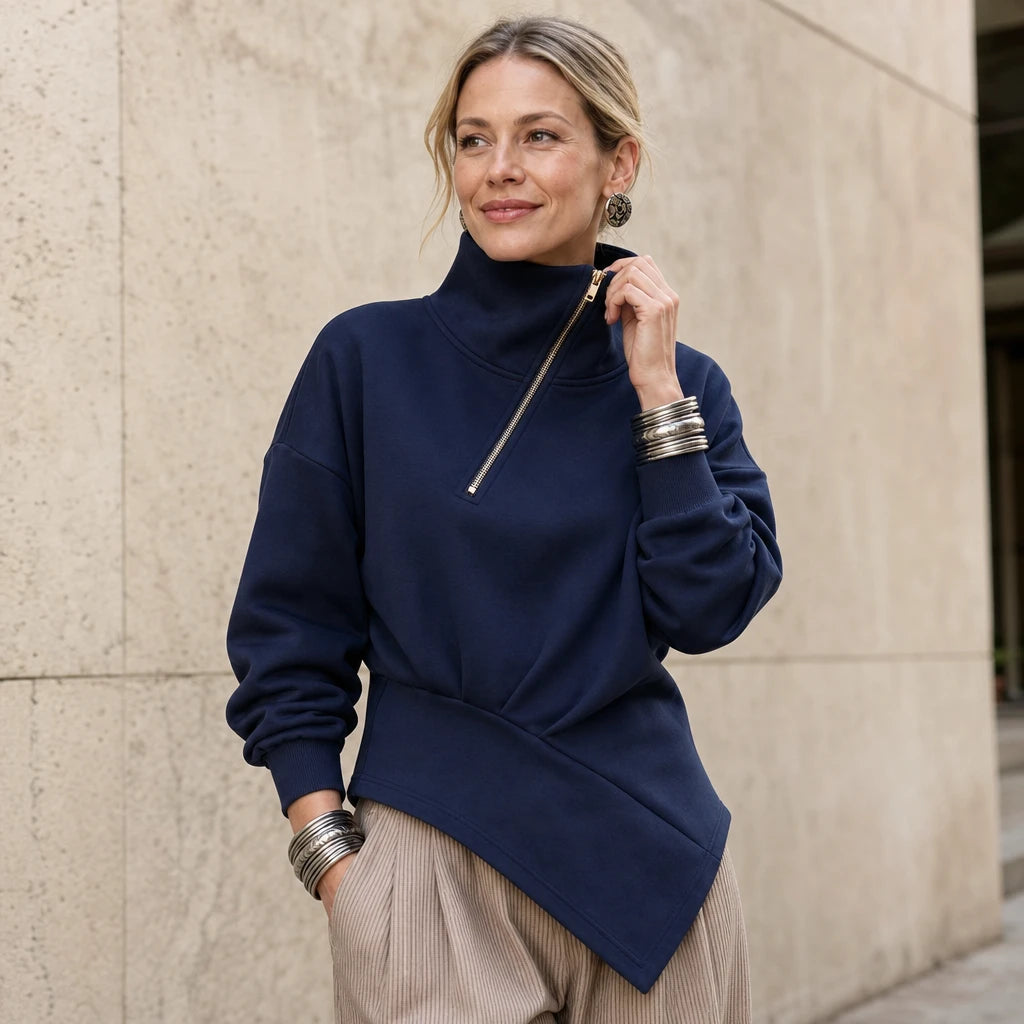 Women's Asymmetric Diagonal-Zip High-Neck Sweatshirt - Relaxed Fit