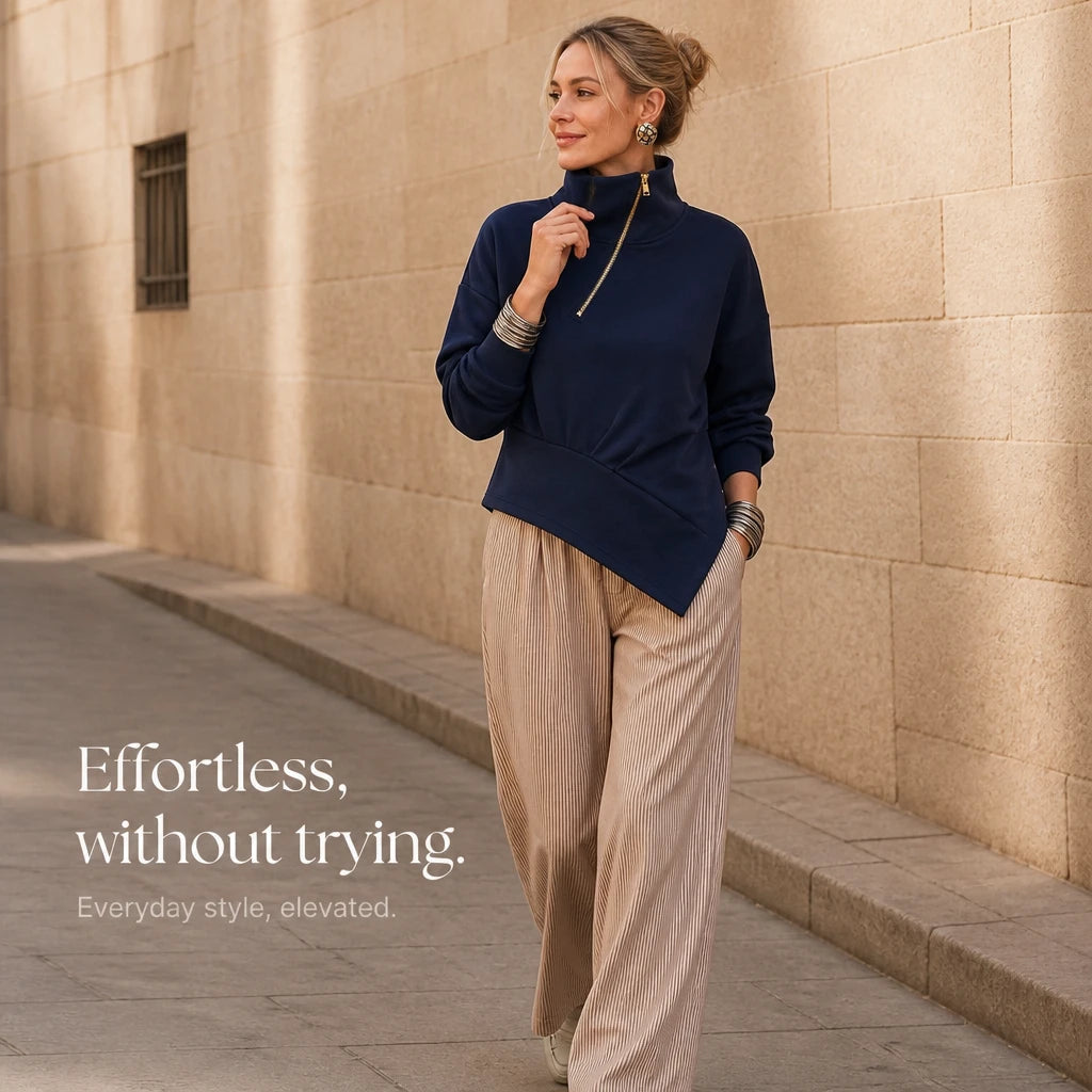 Women's Asymmetric Diagonal-Zip High-Neck Sweatshirt - Relaxed Fit