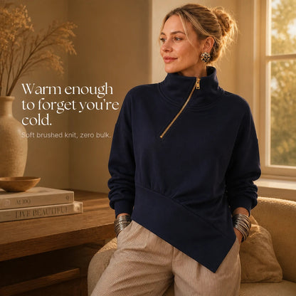 Women's Asymmetric Diagonal-Zip High-Neck Sweatshirt - Relaxed Fit