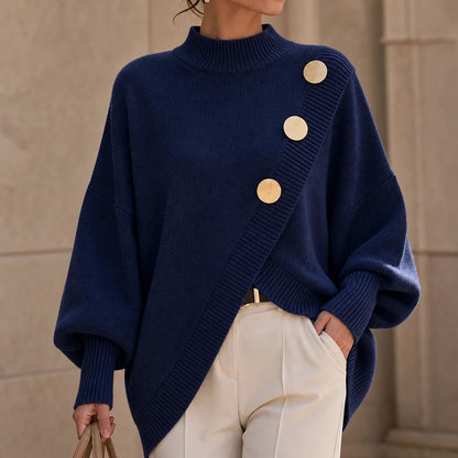 Women's Asymmetric Mock-Neck Knit Sweater - Angled Hem
