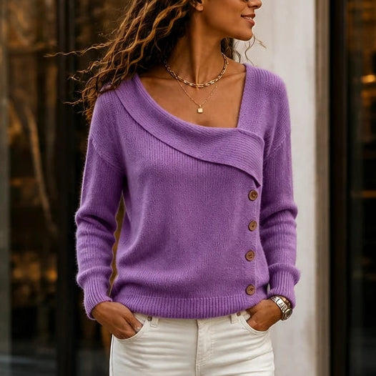 Women's Asymmetrical Fold-Over Collar Knit Sweater in purple, Relaxed Fit
