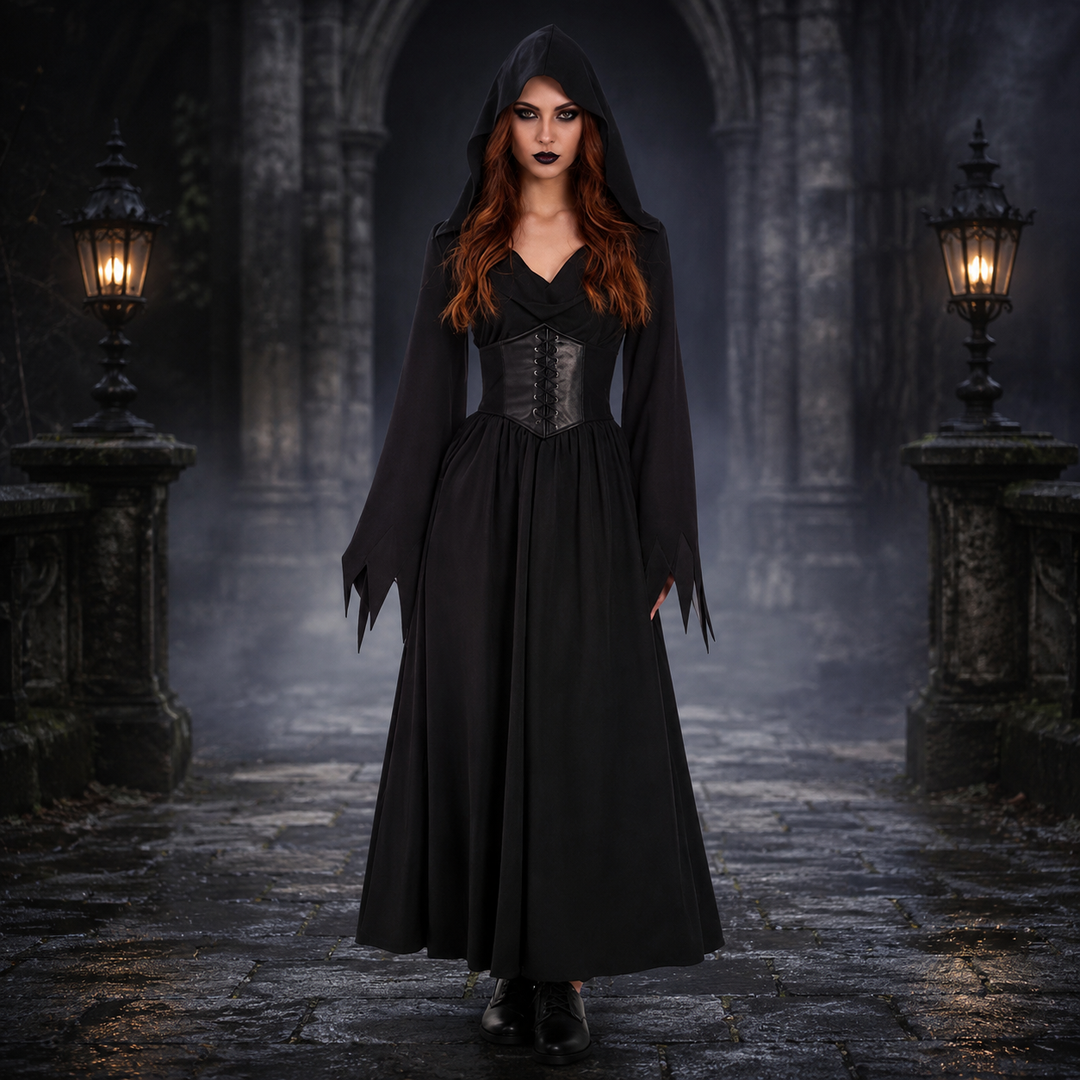 Women's Black Vampire Halloween Costume - Hooded Corset Waist - Black