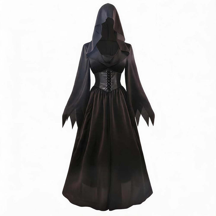 Women's Black Vampire Halloween Costume - Hooded Corset Waist