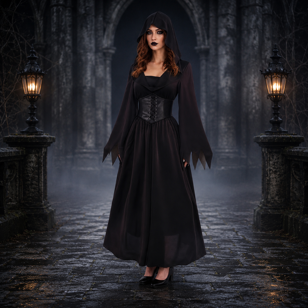 Women's Black Vampire Halloween Costume - Hooded Corset Waist