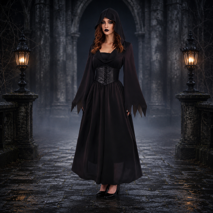 Women's Black Vampire Halloween Costume - Hooded Corset Waist