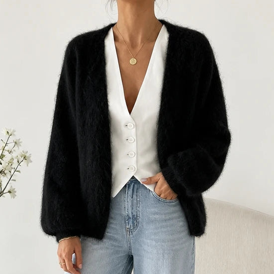 Women's Brushed Mohair Cardigan in black, Open Front Relaxed Fit