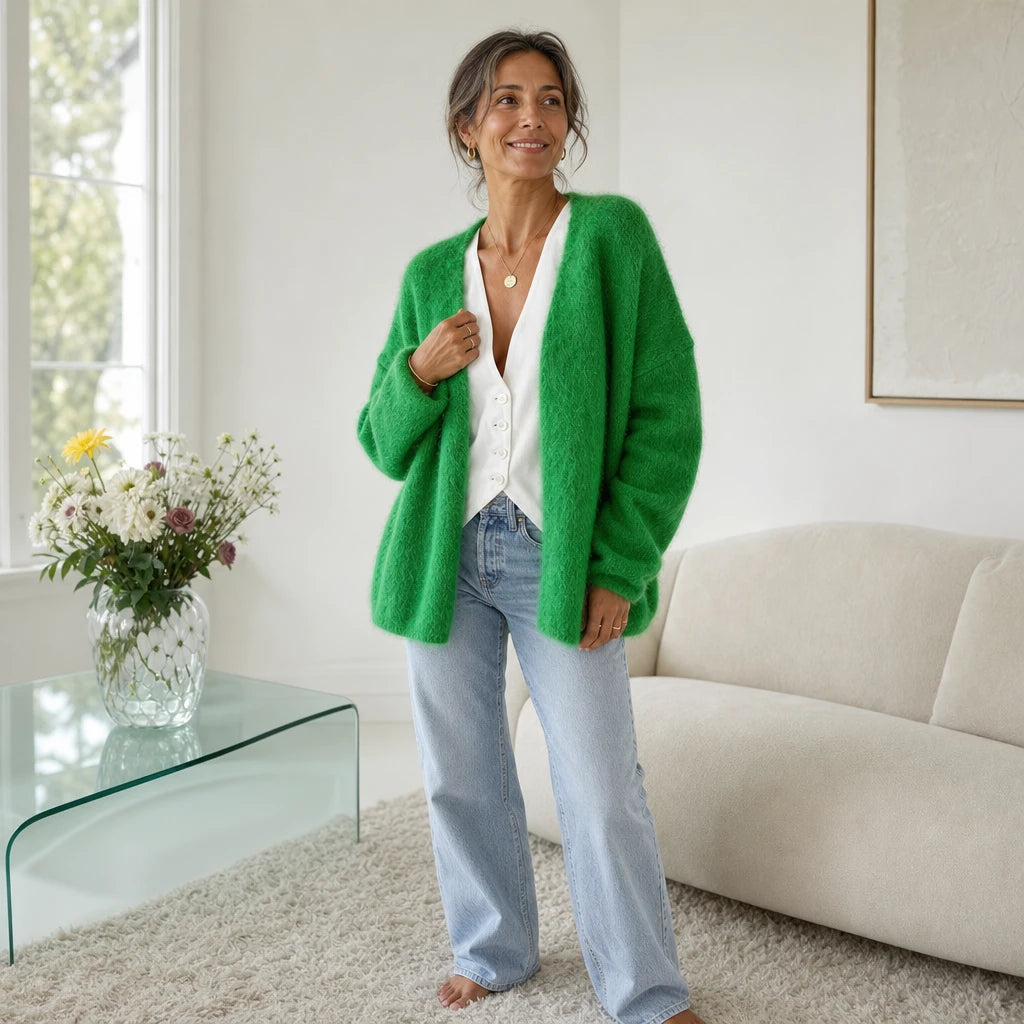 Women's Brushed Mohair Cardigan - Open Front Relaxed Fit