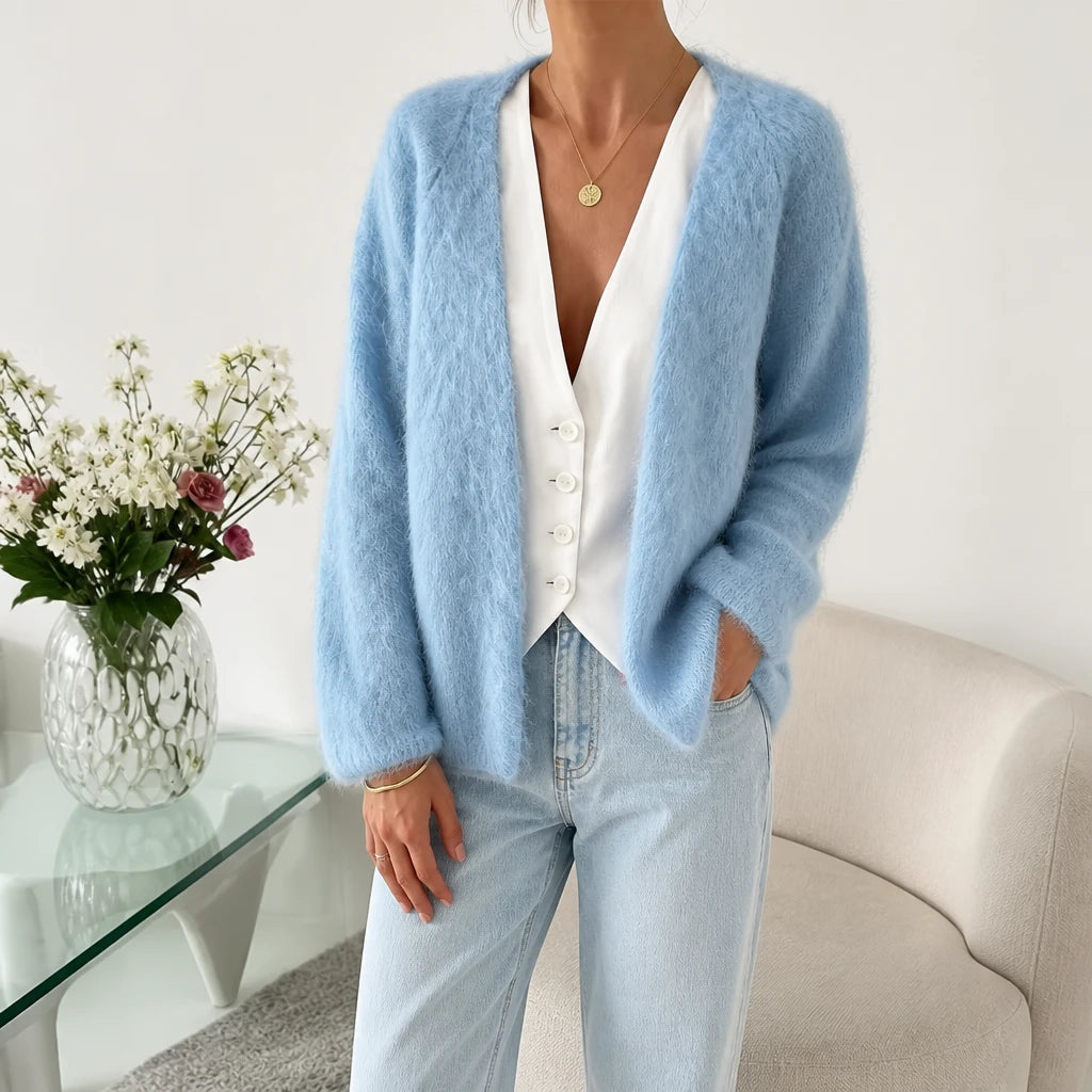 Women's Brushed Mohair Cardigan in sky blue, Open Front Relaxed Fit