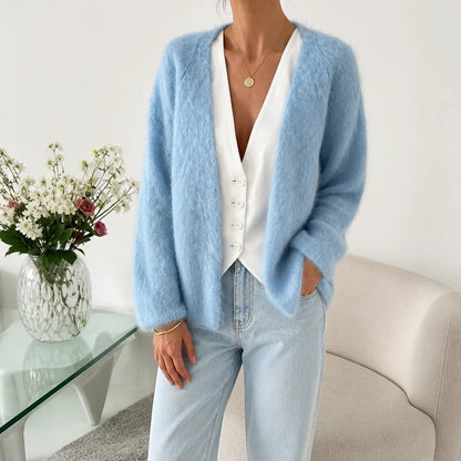 Women's Brushed Mohair Cardigan in sky blue, Open Front Relaxed Fit