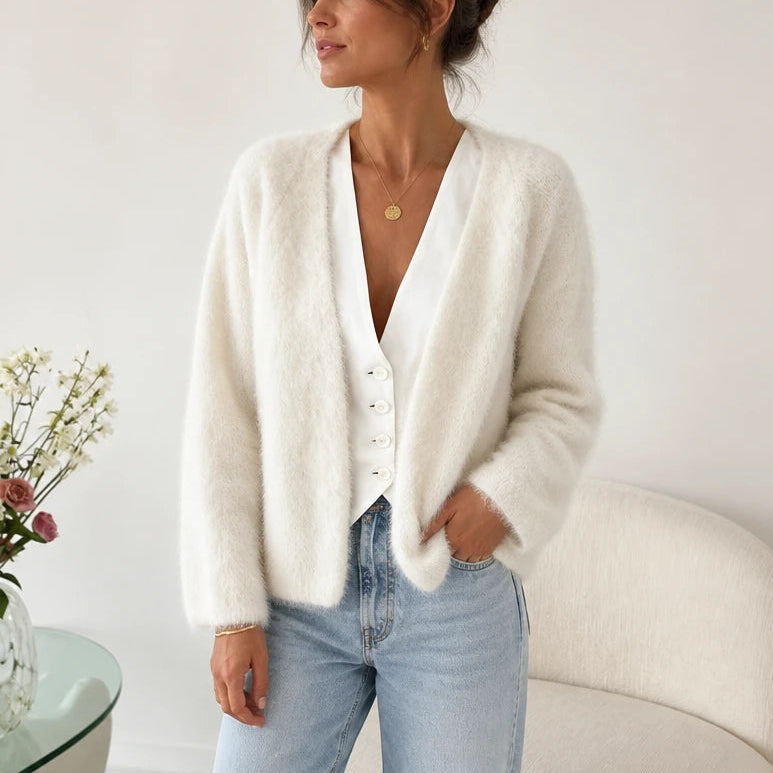 Women's Brushed Mohair Cardigan in white, Open Front Relaxed Fit