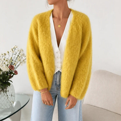 Women's Brushed Mohair Cardigan in yellow, Open Front Relaxed Fit
