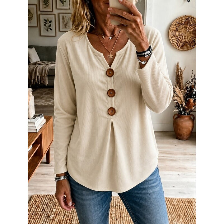 Women's Buttoned V-Neck Ribbed Top in white, Relaxed Fit