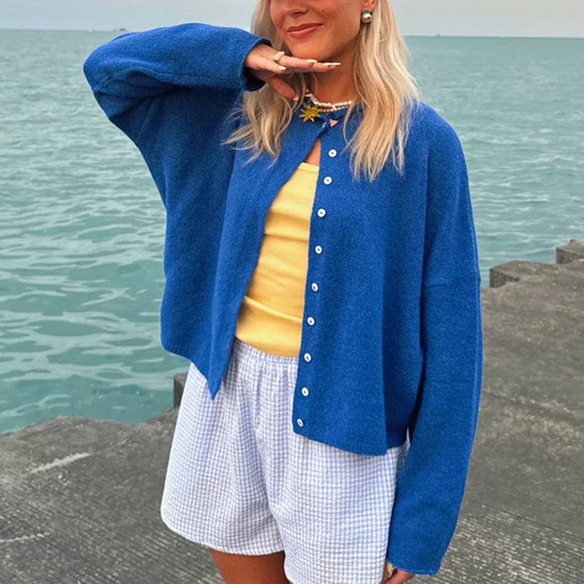 Women's Collared Button-Front Knit Cardigan in blue, Dropped Shoulder