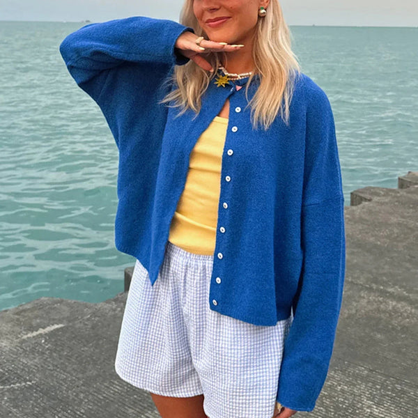 Women's Collared Button-Front Knit Cardigan - Dropped Shoulder