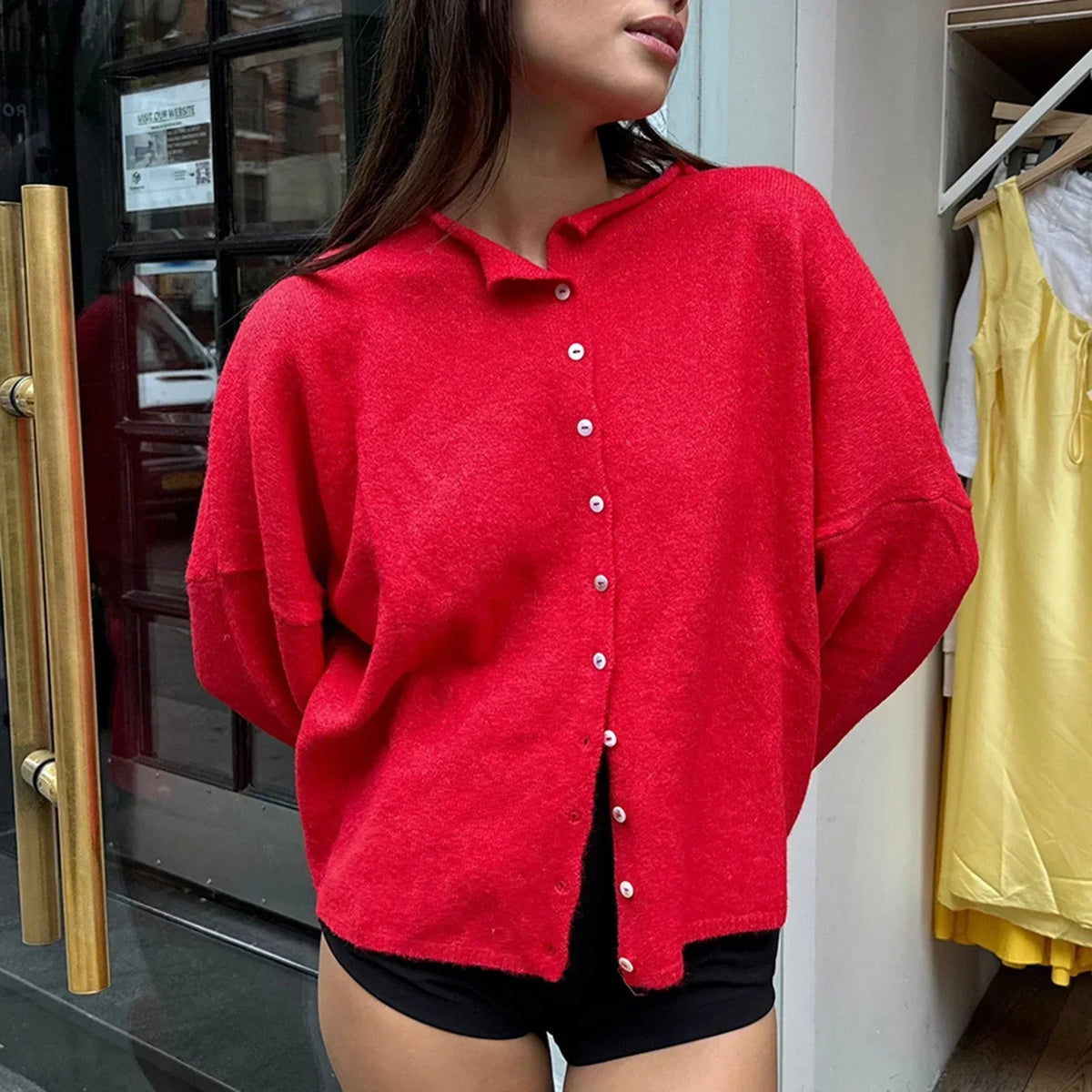Women's Collared Button-Front Knit Cardigan in red, Dropped Shoulder
