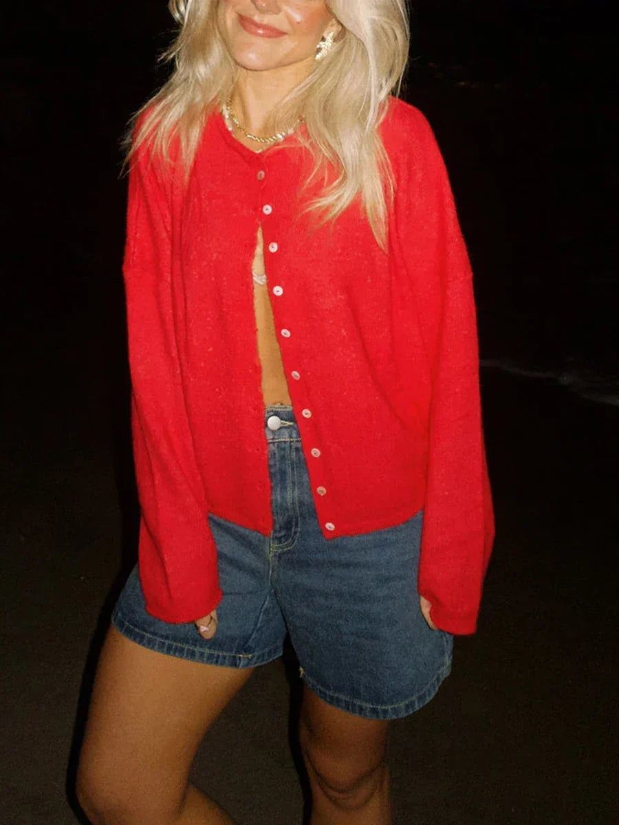 Women's Collared Button-Front Knit Cardigan in red, Dropped Shoulder
