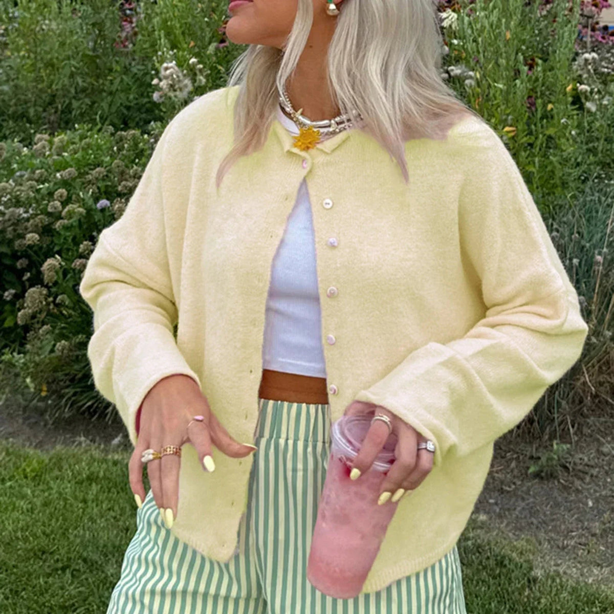 Women's Collared Button-Front Knit Cardigan in yellow, Dropped Shoulder