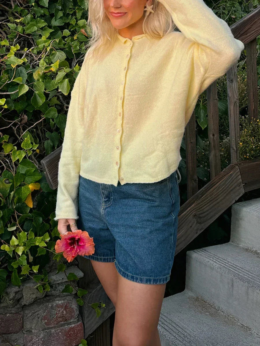 Women's Collared Button-Front Knit Cardigan in yellow, Dropped Shoulder