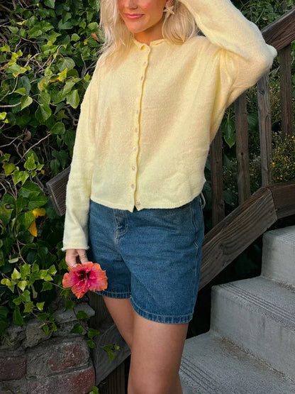 Women's Collared Button-Front Knit Cardigan in yellow, Dropped Shoulder