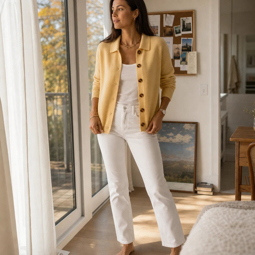 Women's Contrast-Button Turn-Back Collar Knit Cardigan