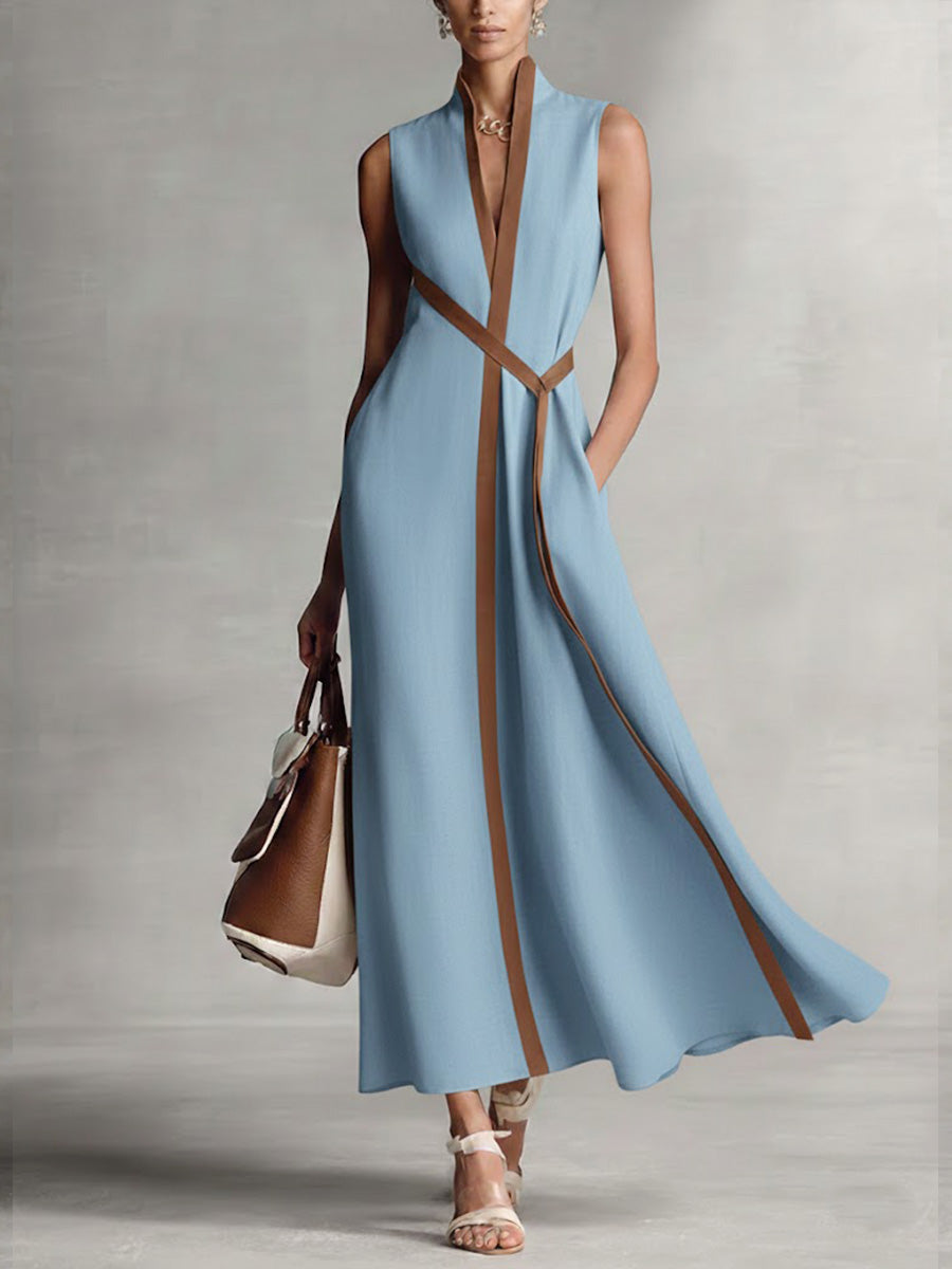Women's Contrast-Trim Sleeveless Midi Dress in blue, V-Neck