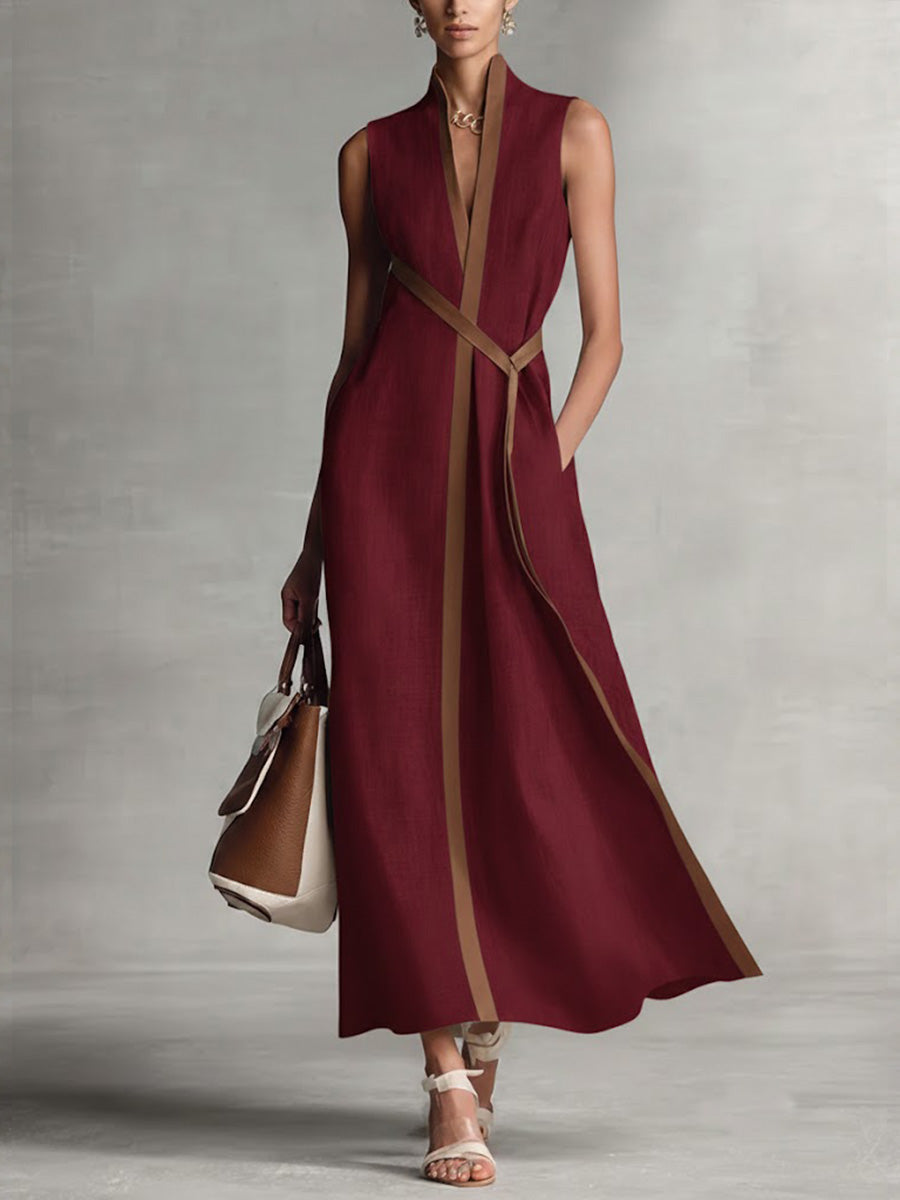 Women's Contrast-Trim Sleeveless Midi Dress in burgundy, V-Neck