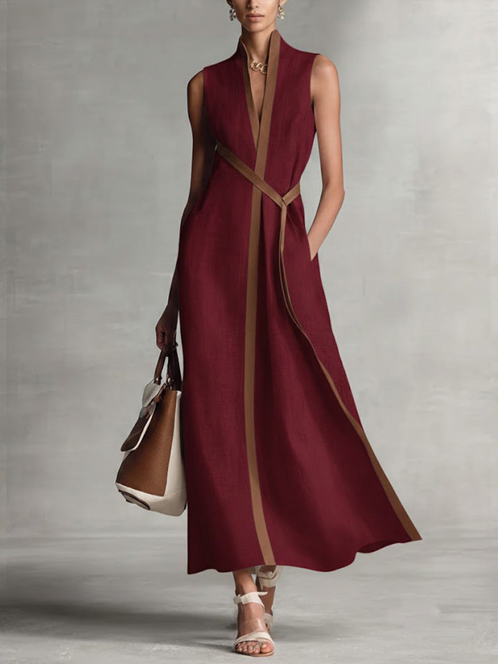 Women's Contrast-Trim Sleeveless Midi Dress in burgundy, V-Neck