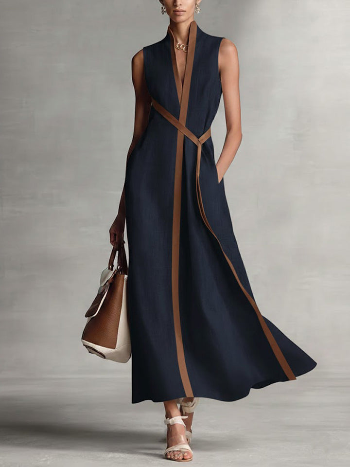 Women's Contrast-Trim Sleeveless Midi Dress in navy, V-Neck