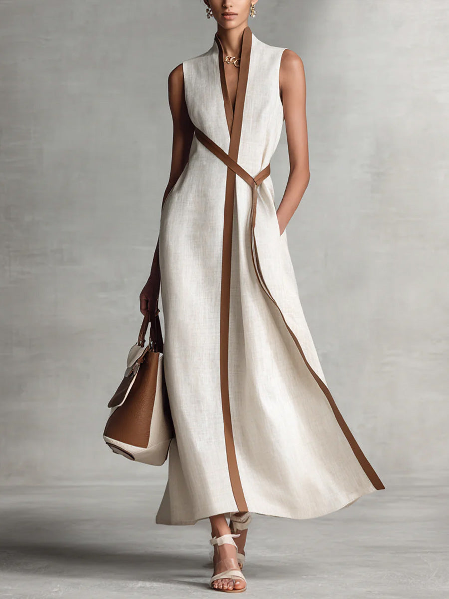 Women's Contrast-Trim Sleeveless Midi Dress in white, V-Neck