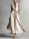 Women's Contrast-Trim Sleeveless Midi Dress - V-Neck