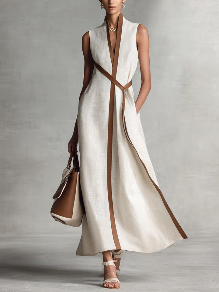 Women's Contrast-Trim Sleeveless Midi Dress in white, V-Neck