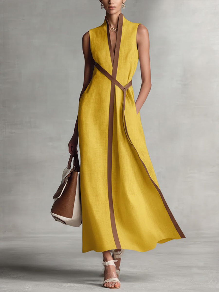 Women's Contrast-Trim Sleeveless Midi Dress in yellow, V-Neck