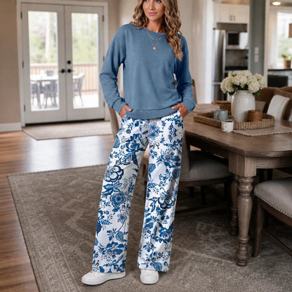Women's Crewneck Sweatshirt and Wide-Leg Pants Set in blue floral, Coordinated Loung