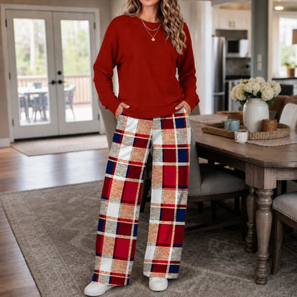 Women's Crewneck Sweatshirt and Wide-Leg Pants Set in red plaid, Coordinated Loung