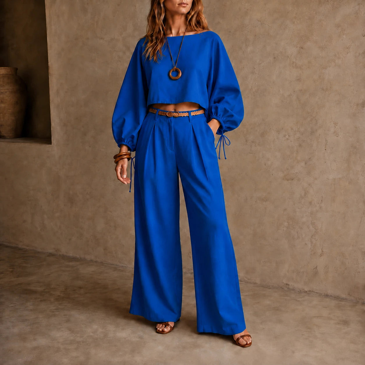 Women's Crop Top and Wide-Leg Trouser Set in blue, Coordinated Casual