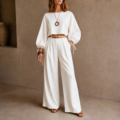 Women's Crop Top and Wide-Leg Trouser Set in white, Coordinated Casual