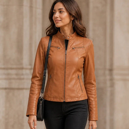 Women's Cropped Faux-Leather Biker Jacket in brown, Contoured Fit