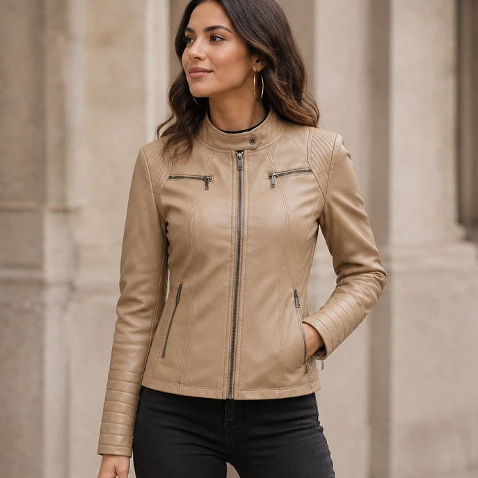 Women's Cropped Faux-Leather Biker Jacket - Contoured Fit