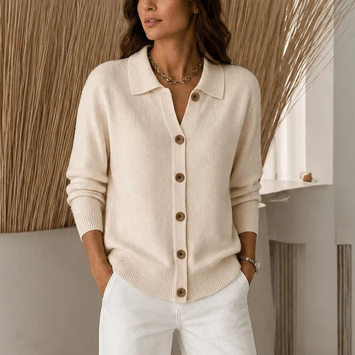 Women's Cropped Knit Cardigan with Turn-Down Collar - Apricot