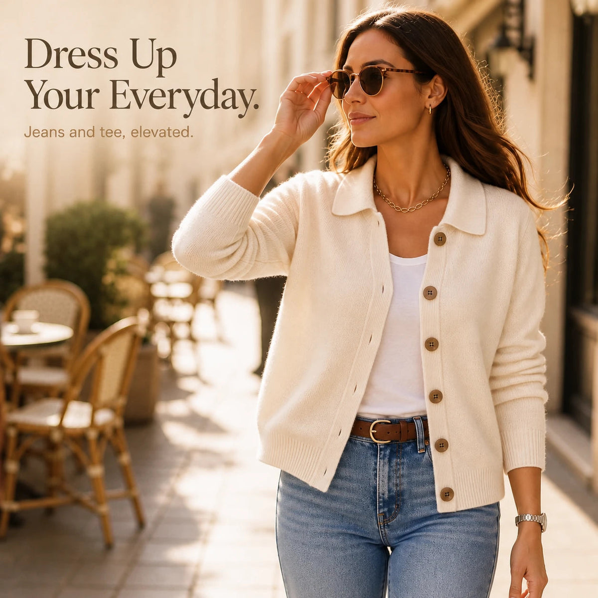 Women's Cropped Knit Cardigan with Turn-Down Collar